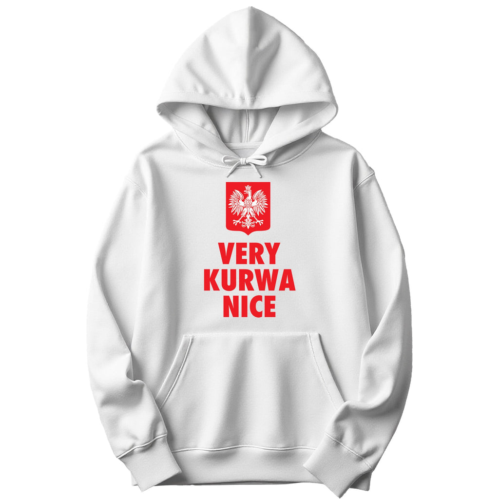 White hoodie with red Polish eagle crest and VERY KURWA NICE text