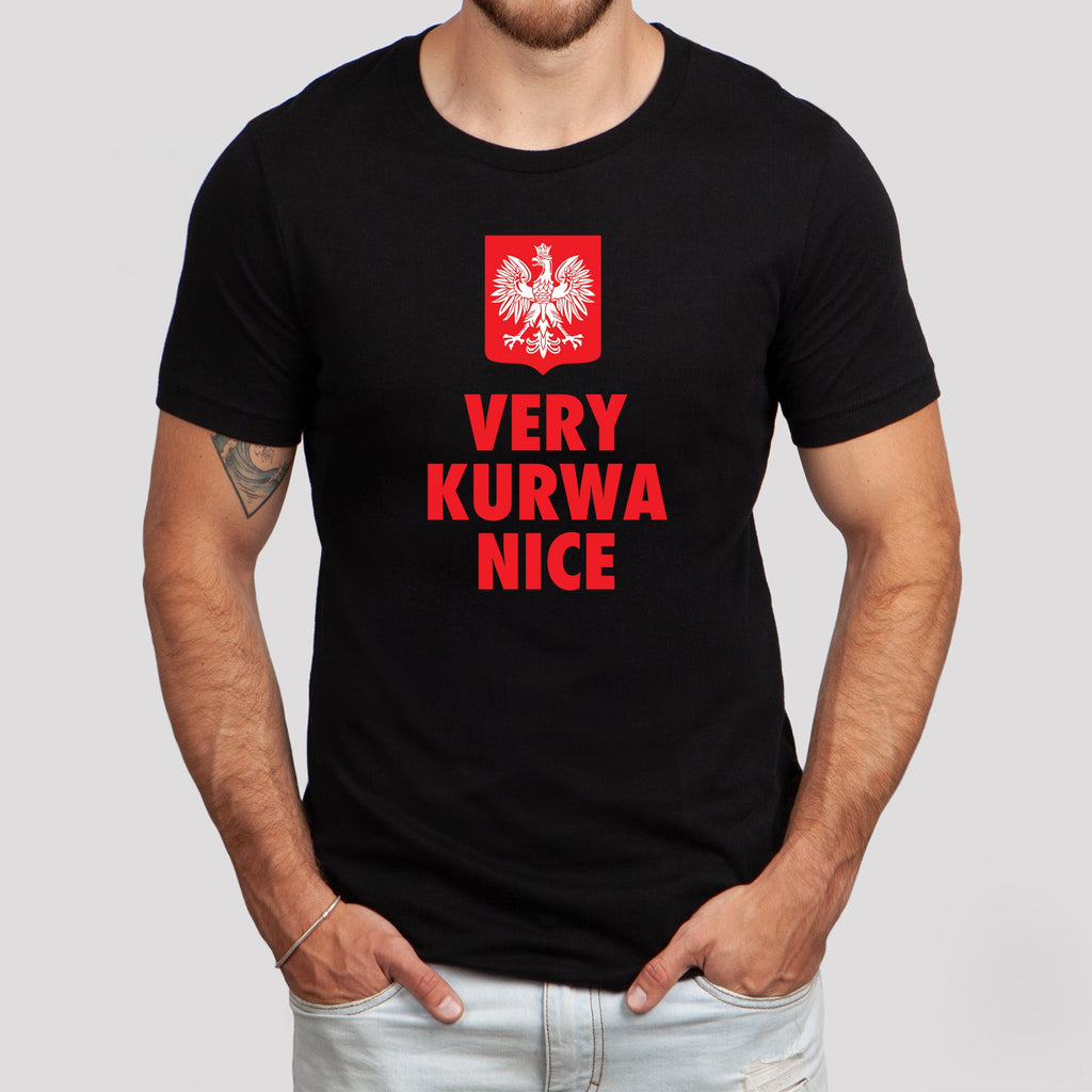 Black T-shirt with Polish eagle crest and VERY KURWA NICE text lifestyle photo