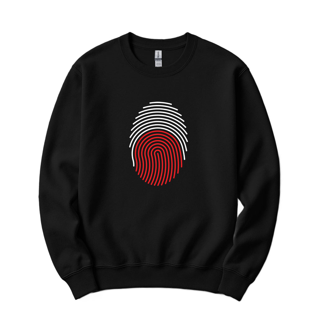 Black crewneck sweatshirt with white and red fingerprint design in Polish flag colors