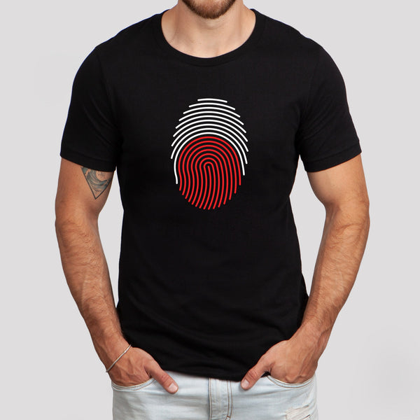 Black T-shirt with white and red fingerprint design in Polish flag colors lifestyle photo
